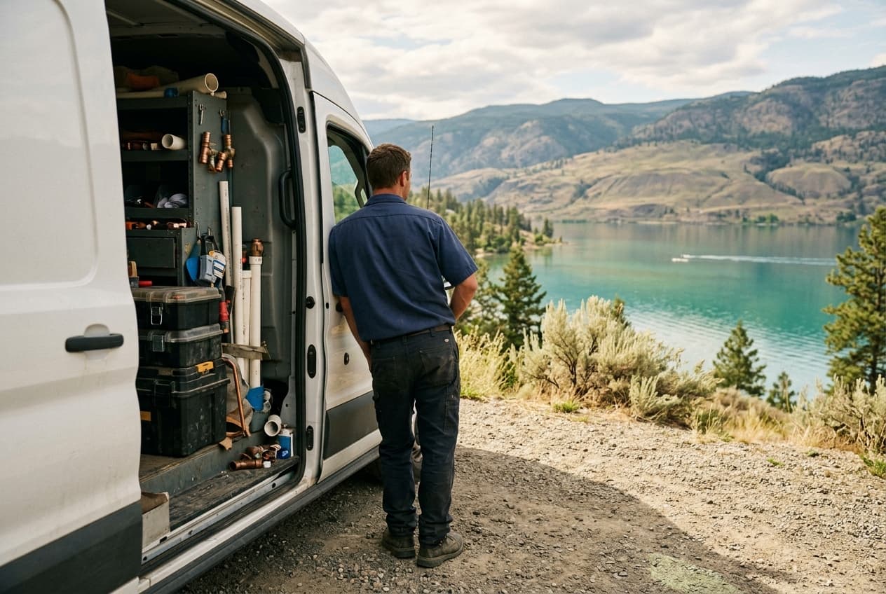 An open plumbing van above the lake, with the tools in the rack