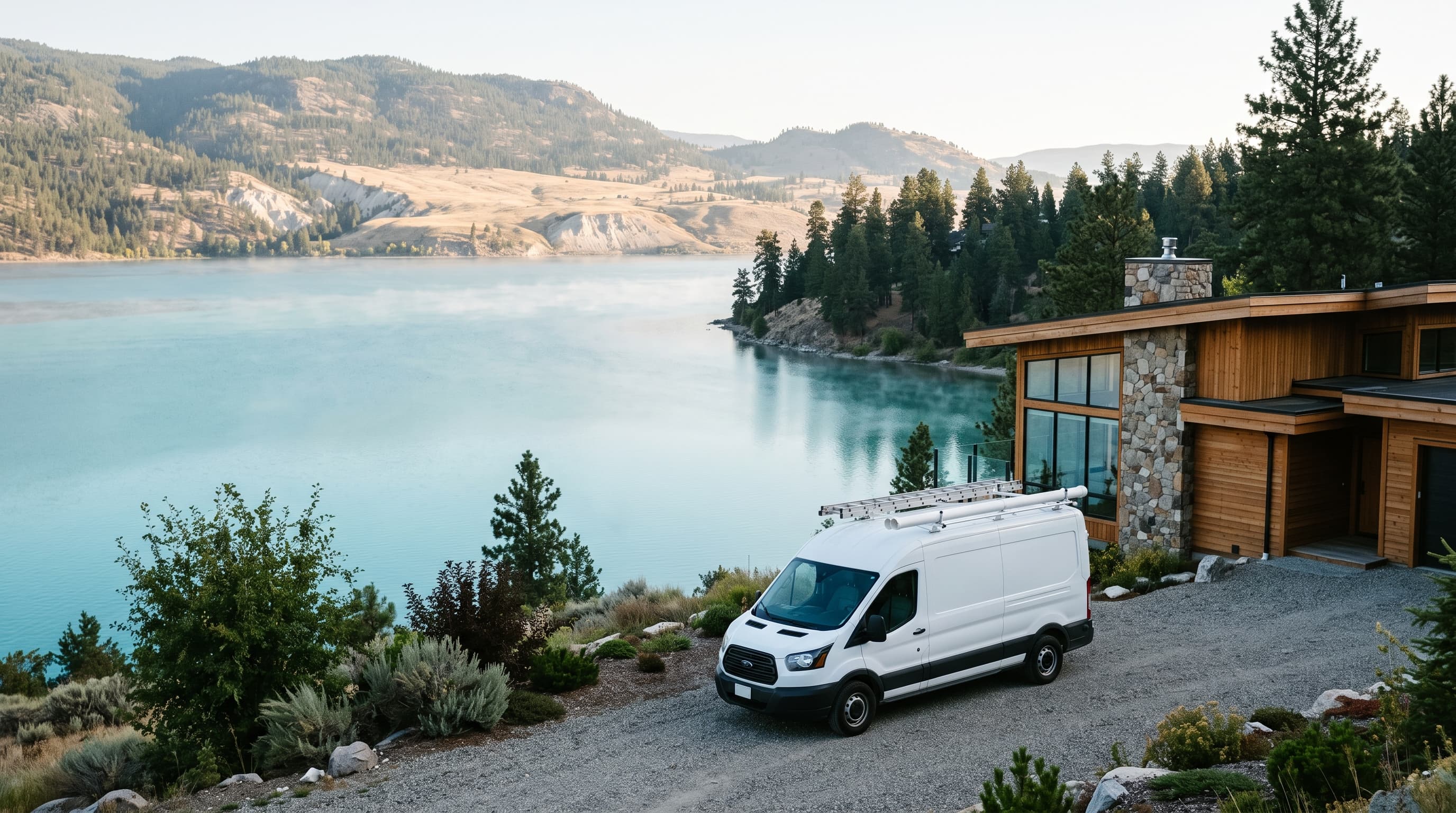 Kalamalka Lake and a service van at a North Okanagan home
