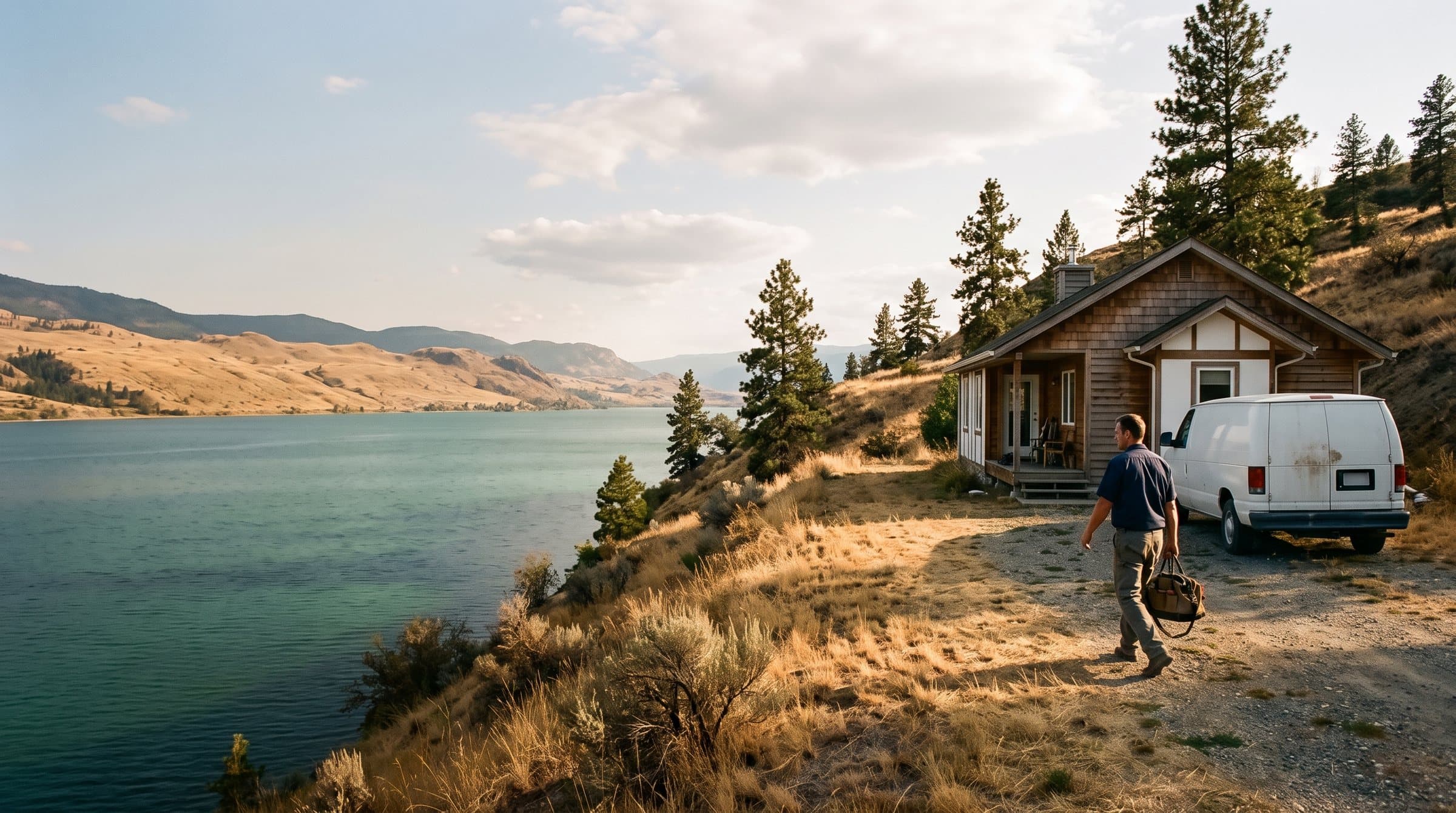 A plumber walking to a house above a North Okanagan lake